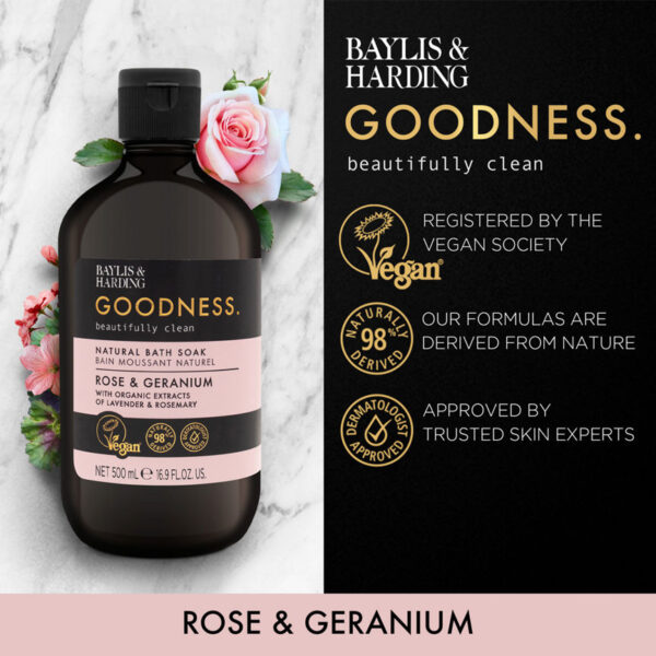 Baylis & Harding Goodness Rose & Geranium Natural Bath Soak 500ml - Image 2