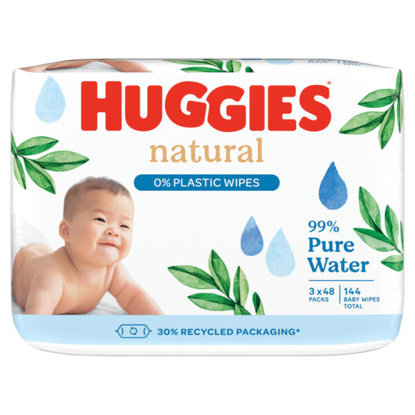 Huggies Natural 0% Plastic Wipes 3 x 48 Packs (144 Baby Wipes Total)