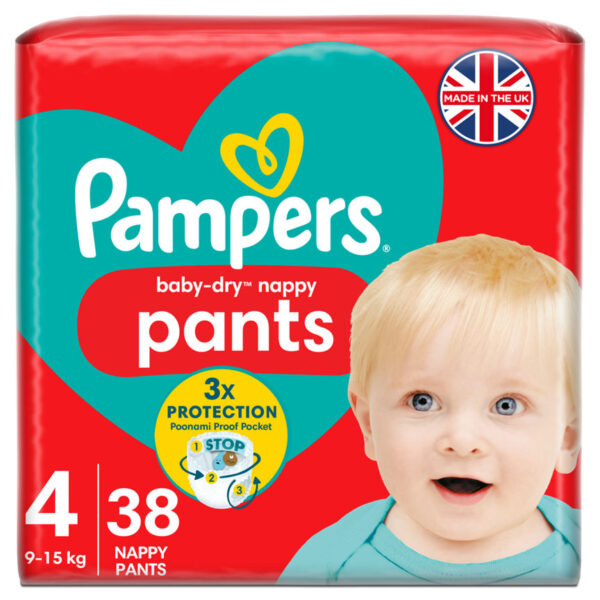 Pampers Baby-Dry Nappy Pants Size 4, 38 Nappies, 9kg-15kg, Essential Pack