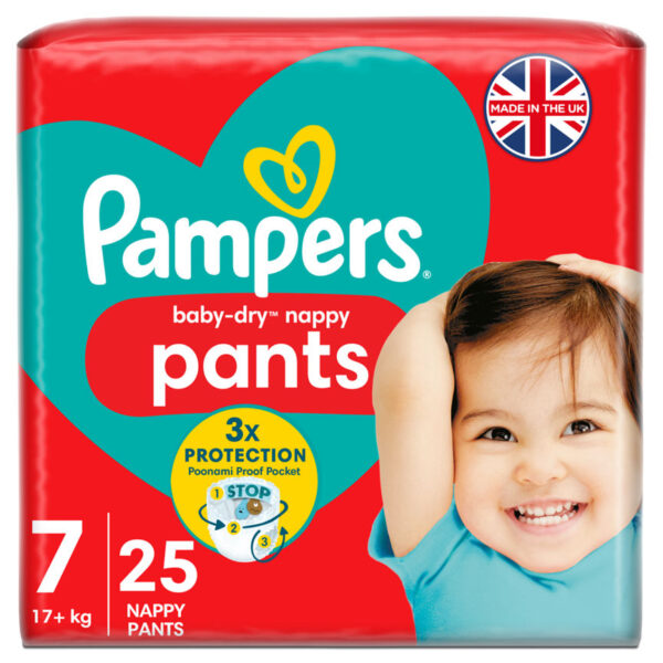 Pampers Baby-Dry Nappy Pants Size 7, 25 Nappies, 17kg+, Essential Pack