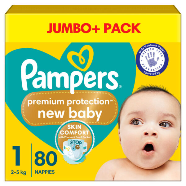 Pampers New Baby Size 1, 80 Nappies, 2kg-5kg, Jumbo+ Pack