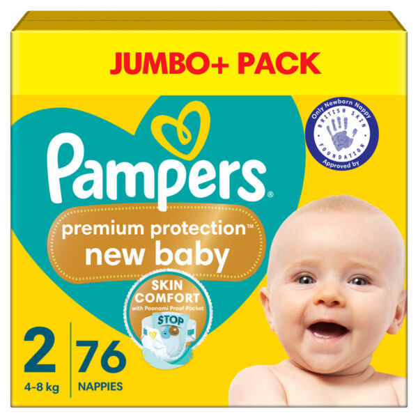 Pampers New Baby Size 2, 76 Nappies, 4kg-8kg, Jumbo+ Pack