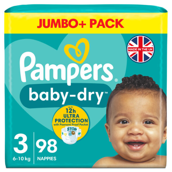 Pampers Baby-Dry Size 3, 98 Nappies, 6kg - 10kg, Jumbo+ Pack