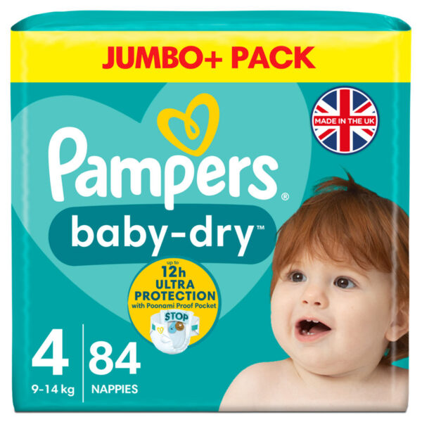 Pampers Baby-Dry Size 4, 84 Nappies, 9kg - 14kg, Jumbo+ Pack