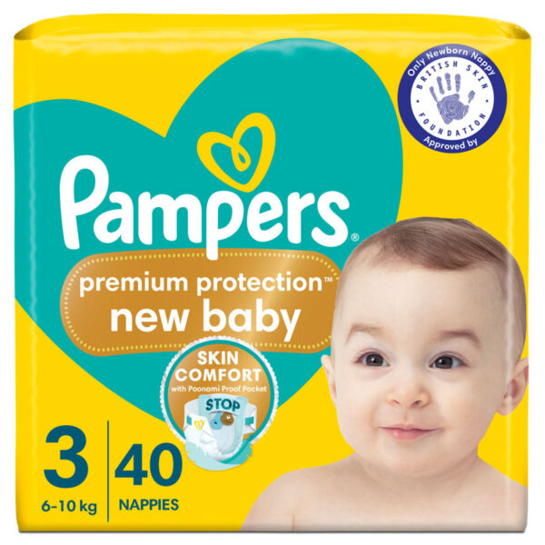 Pampers Premium Protection New Baby Size 3, 40 Nappies, 6kg - 10kg, Essential Pack