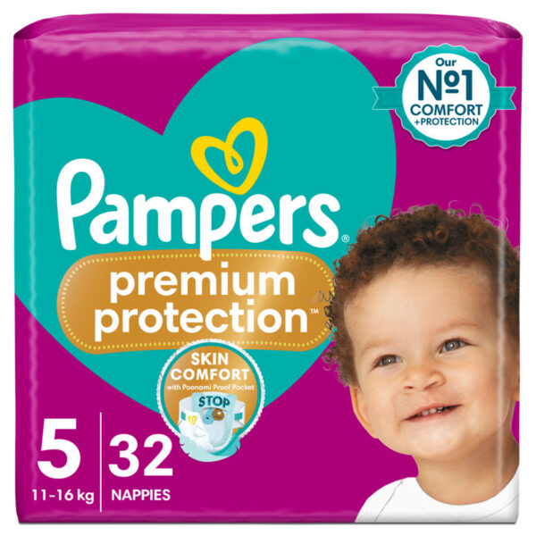 Pampers Premium Protection Size 5, 32 Nappies, 11kg - 16kg, Essential Pack