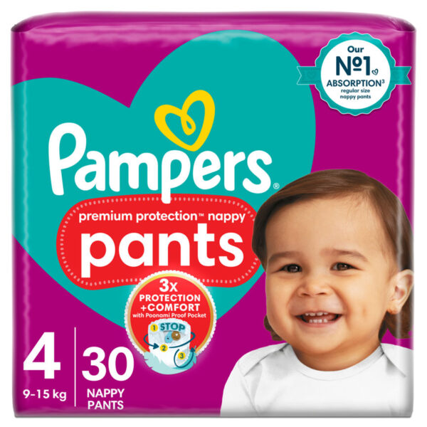 Pampers Premium Protection Nappy Pants Size 4, 30 Nappies, 9kg - 15kg, Essential Pack