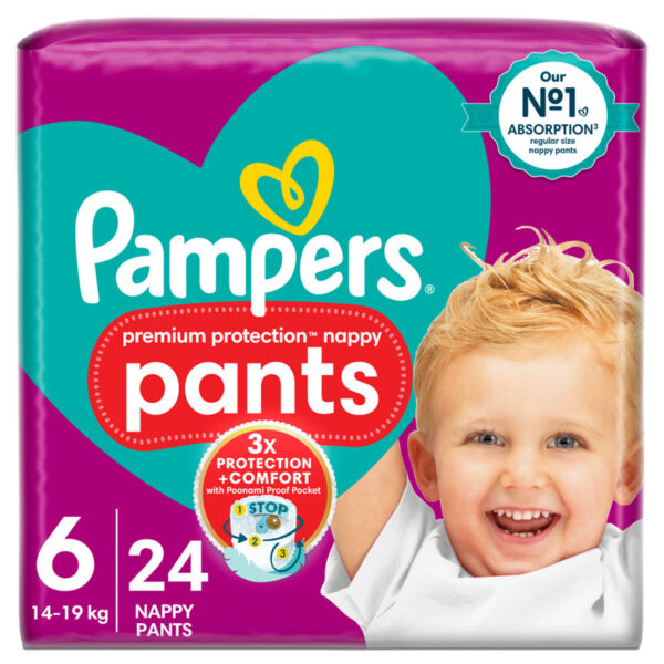 Pampers Premium Protection Nappy Pants Size 6, 24 Nappies, 15kg+, Essential Pack