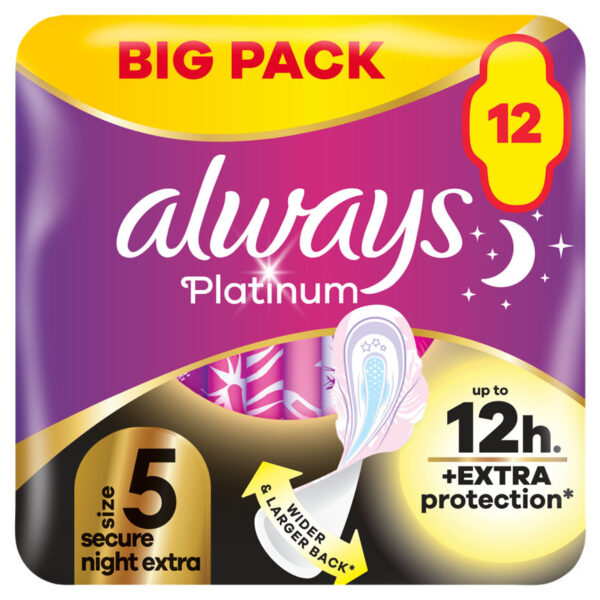 Always Platinum Secure Night Extra (Size 5) Sanitary Towels With Wings 12 Pads