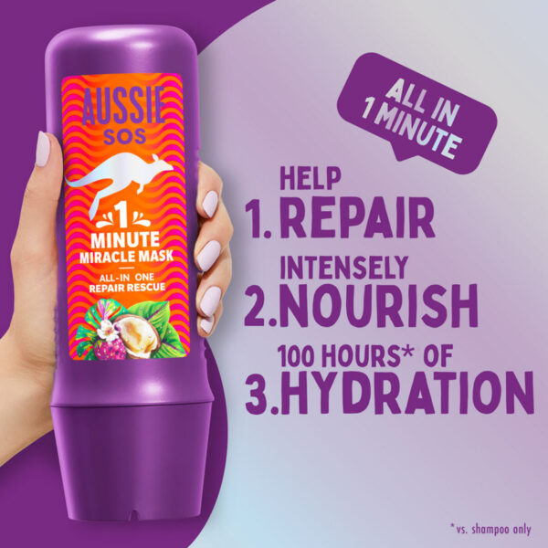 Aussie SOS 1 Minute Miracle Repair Rescue Mask 250ml to Deeply Nourish Dry, Damaged Hair - Image 2