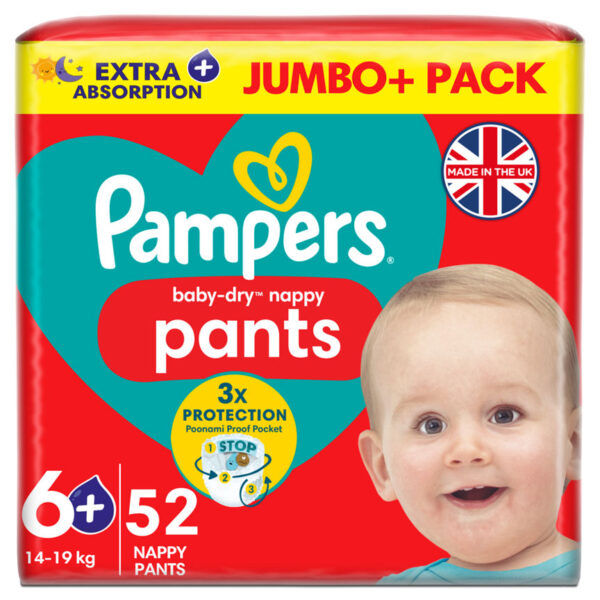 Pampers Baby-Dry Nappy Pants Size 6+, 52 Nappies, 14kg-19kg