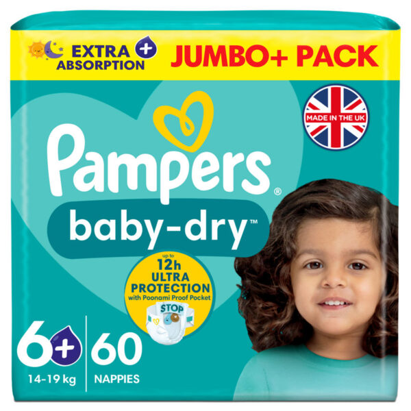 Pampers Baby-Dry Size 6+, 60 Nappies, 14kg-19kg